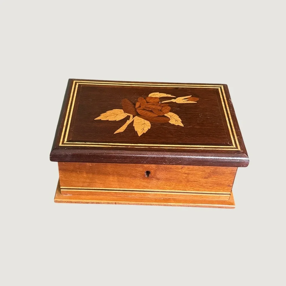 Vintage Brazilian Marquetry Wood Jewelry Box Rose Inlay Velvet Lined